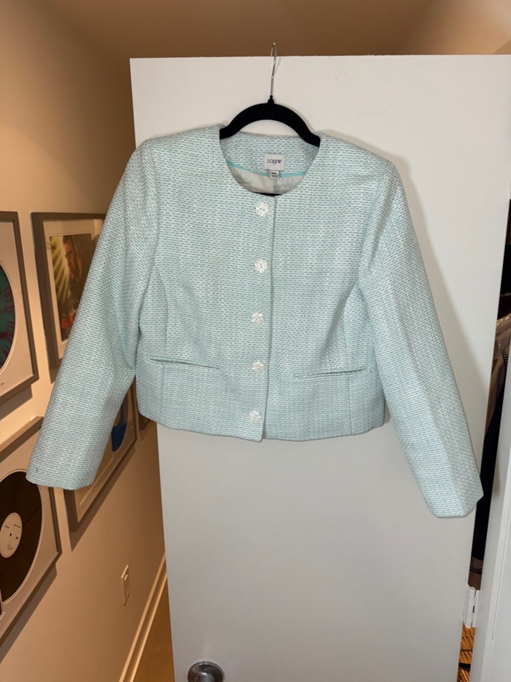 NWT J. Crew Women's Cropped Tweed Jacket in Light Mint w/ Flower Buttons Size 8P